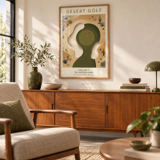 Desert Golf Print, framed on the wall of a mid-century living room with a warm white wall