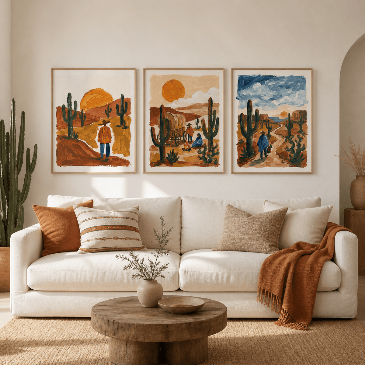 Desert wall art above a white sofa in warm tones with cactus and figure in illustration style