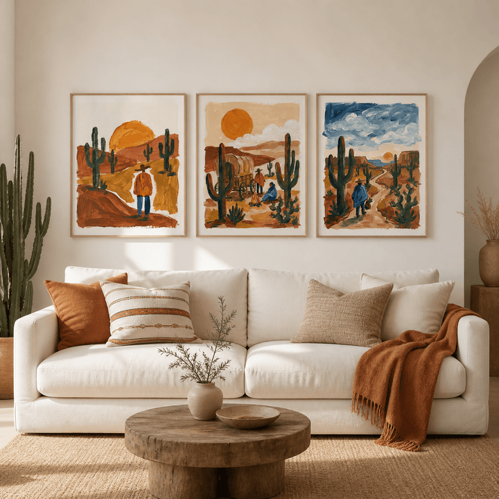 Desert wall art above a white sofa in warm tones with cactus and figure in illustration style