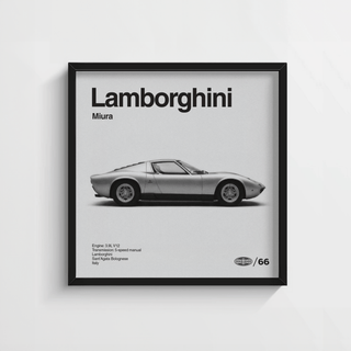 Classic 1960s Supercar Poster framed print close-up with minimalist grey and black design