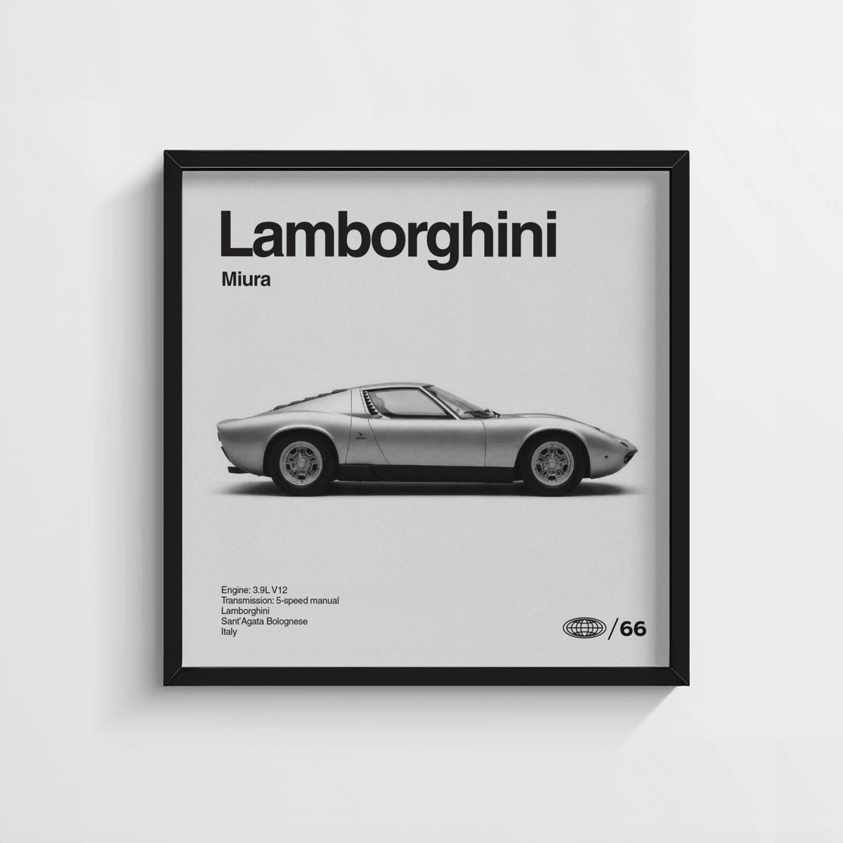 Classic 1960s Supercar Poster framed print close-up with minimalist grey and black design