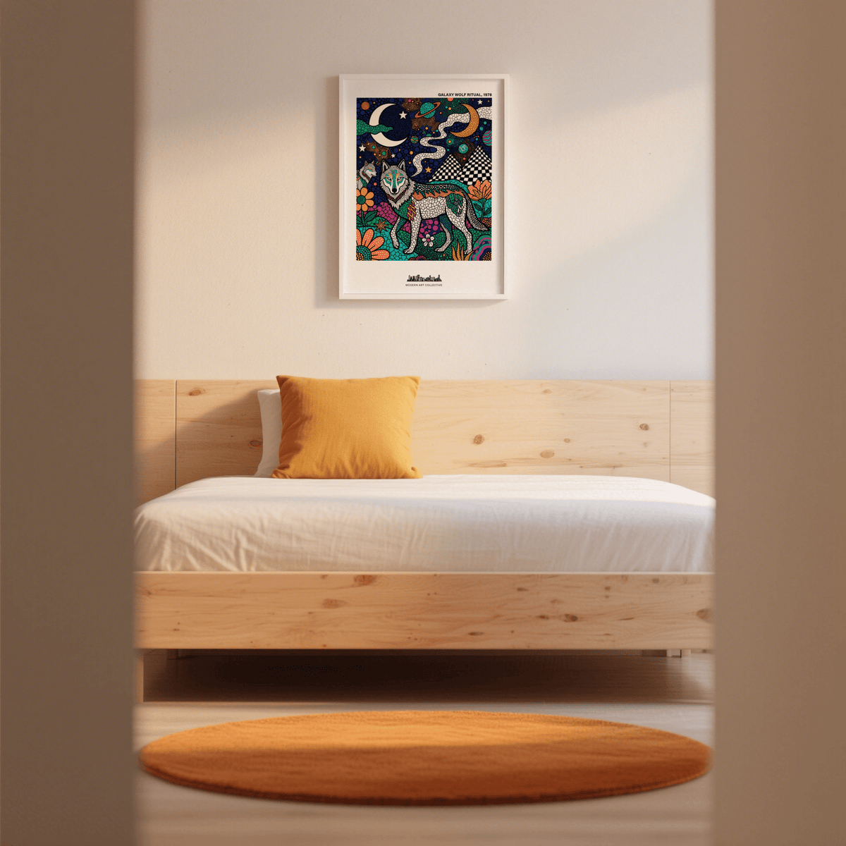 Wolf Galaxy wall art with decorative wolf and moons in colourful abstract style in a bedroom with orange cushion