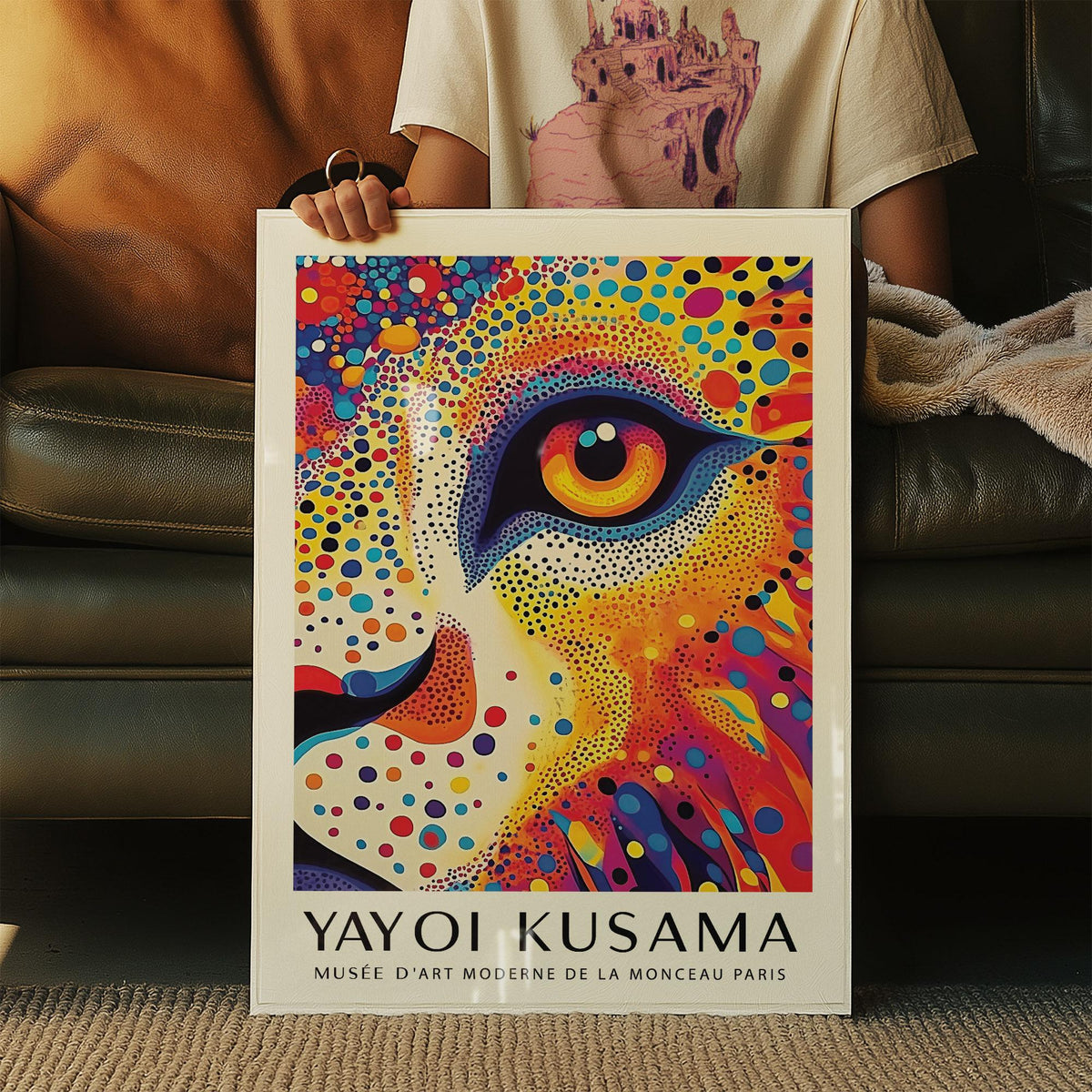 Lion Animal Poster close-up of a dotted lion face in bright red yellow and blue colours held by a person