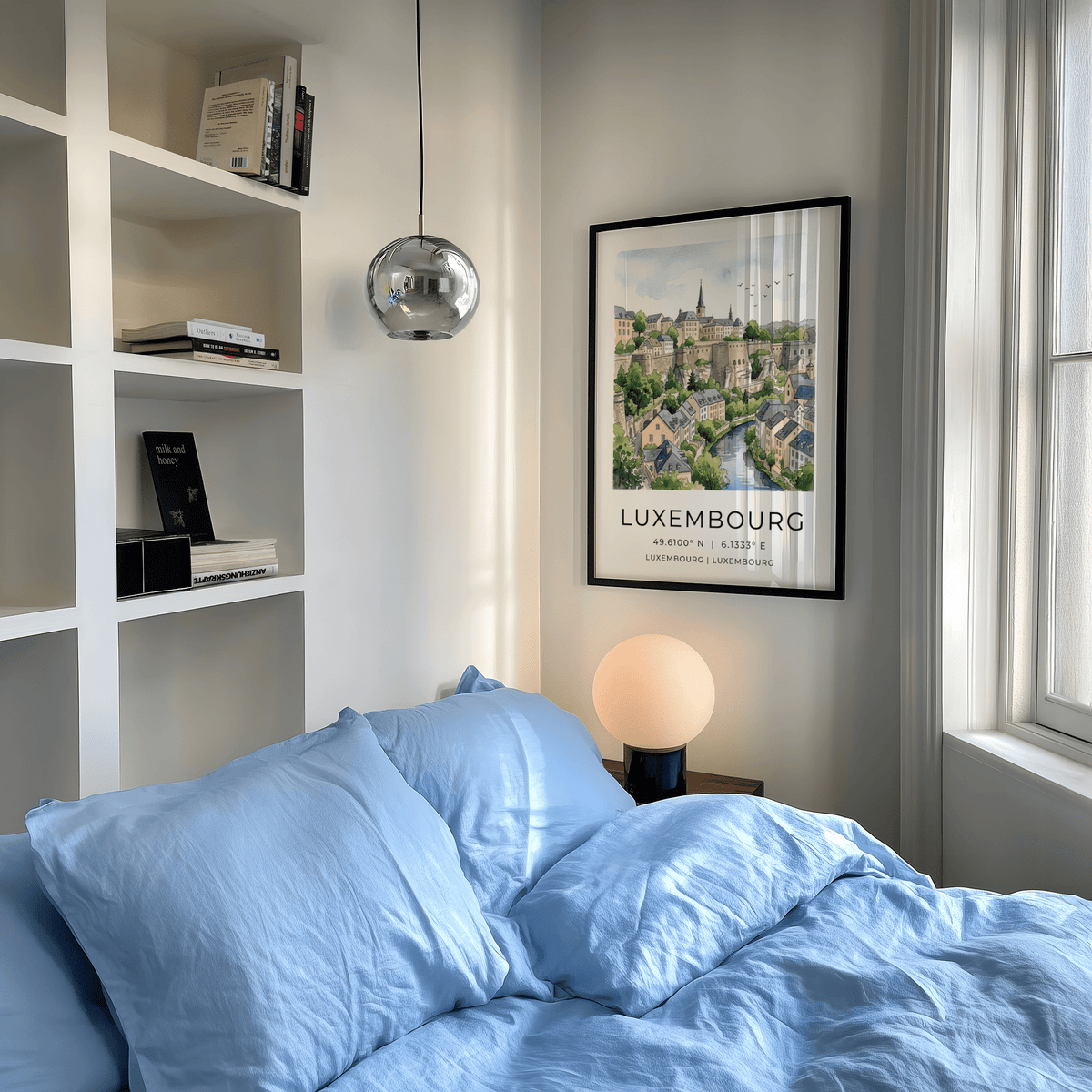 City illustration wall art with stone ramparts, clustered houses, and open sky