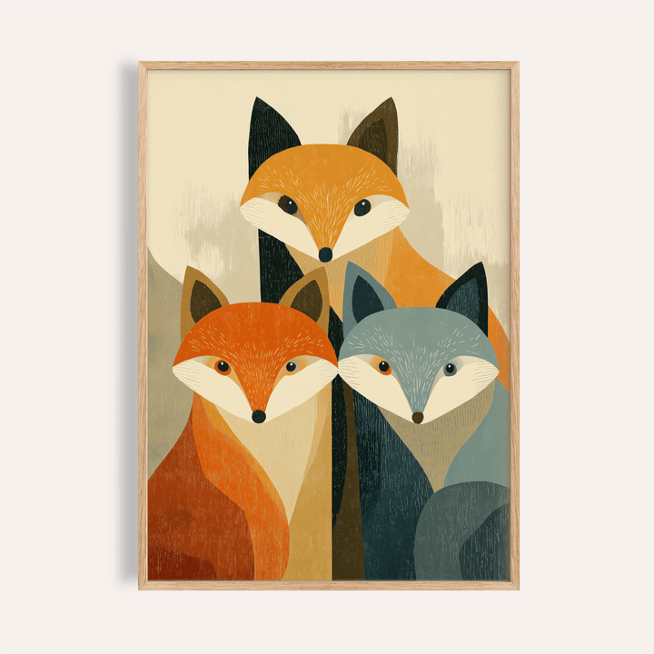 Framed Wildlife Fox Art Print of three foxes in orange, blue and brown tones against a cream background
