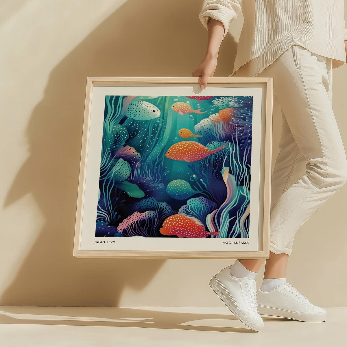 Underwater artwork framed print held in hands showing colourful spotted fish in blue and orange tones