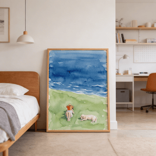 Reading By The Sea art print leaning on the floor showing a green and blue watercolour with a person reading and dog beside a bed