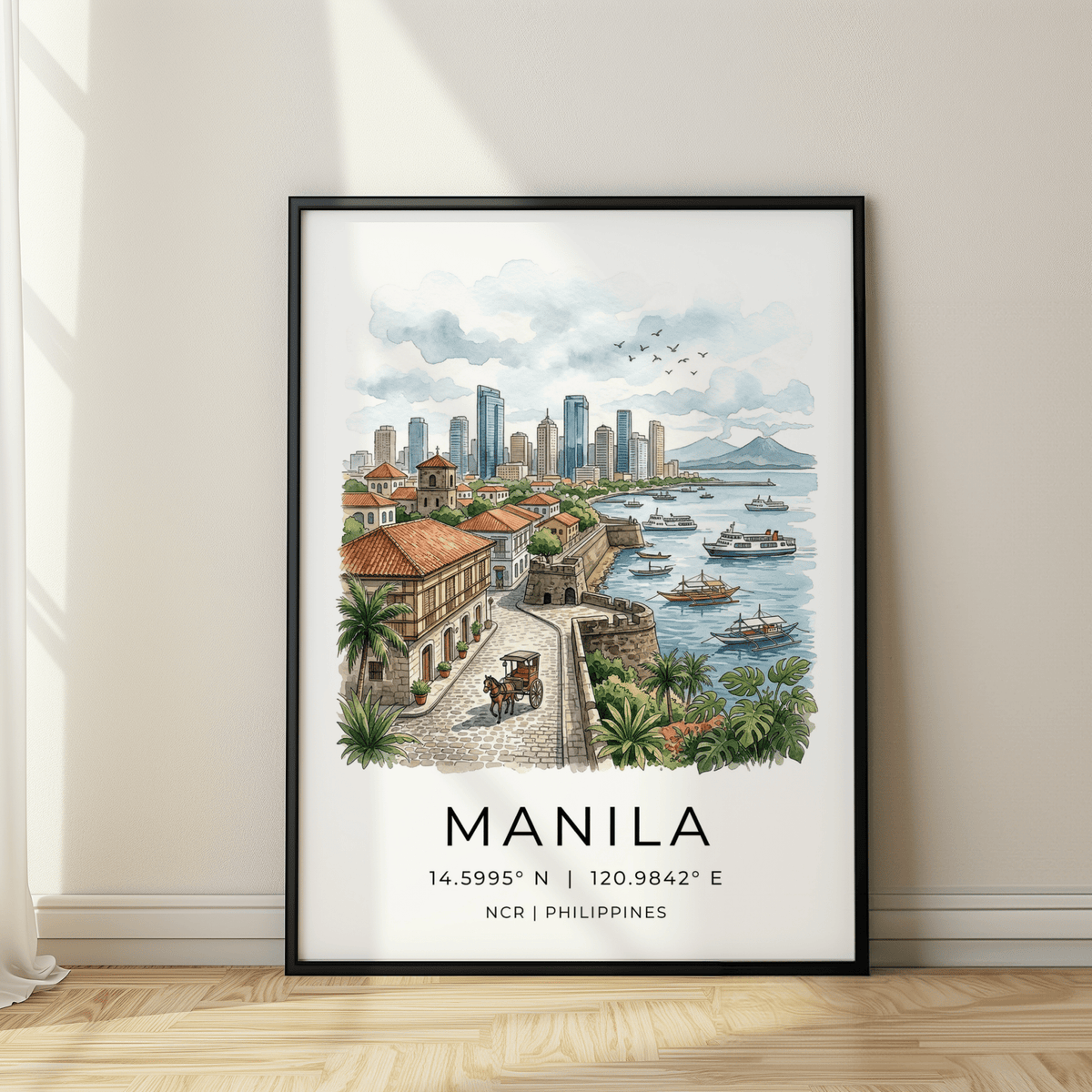 Framed Manila City Art Print showing a watercolour illustration of a cityscape with buildings and waterfront