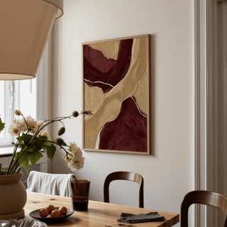 Neutral Organic Abstract Art print on a dining room wall with a vase of flowers on the table