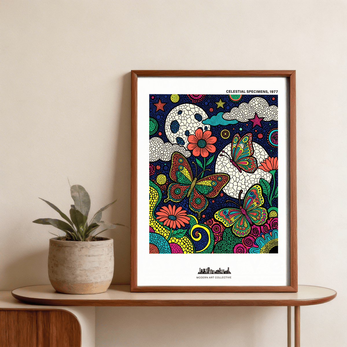 Framed Psychedelic Nature Poster of colourful abstract butterflies by a potted plant