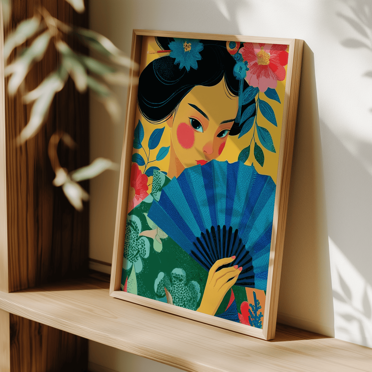 Framed Geisha Pop Art print with blue fan and floral details leaning on a shelf with shadows