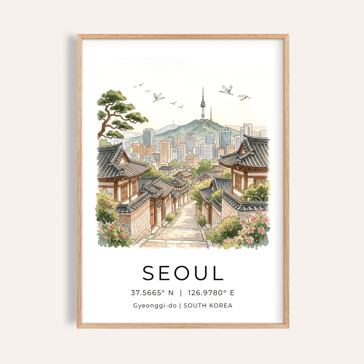 Framed print close-up of Seoul landscape art print with Korean houses and city skyline in watercolour