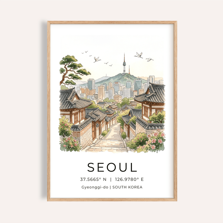 Framed print close-up of Seoul landscape art print with Korean houses and city skyline in watercolour