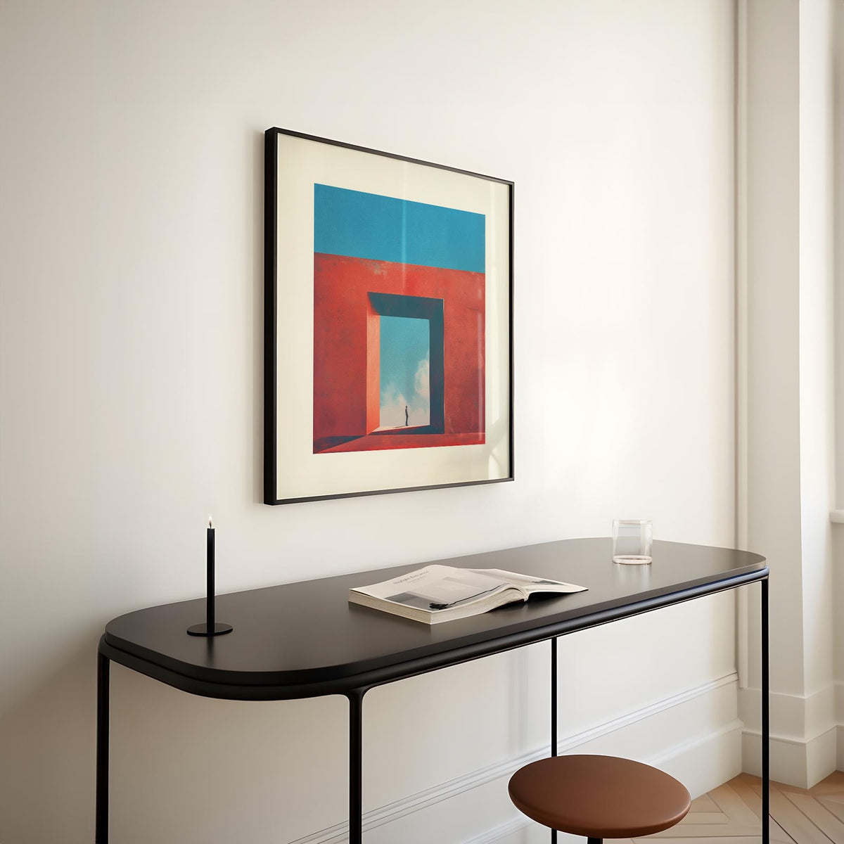 Abstract Surrealism Art framed print with red and blue geometric passage above black table with book and candle