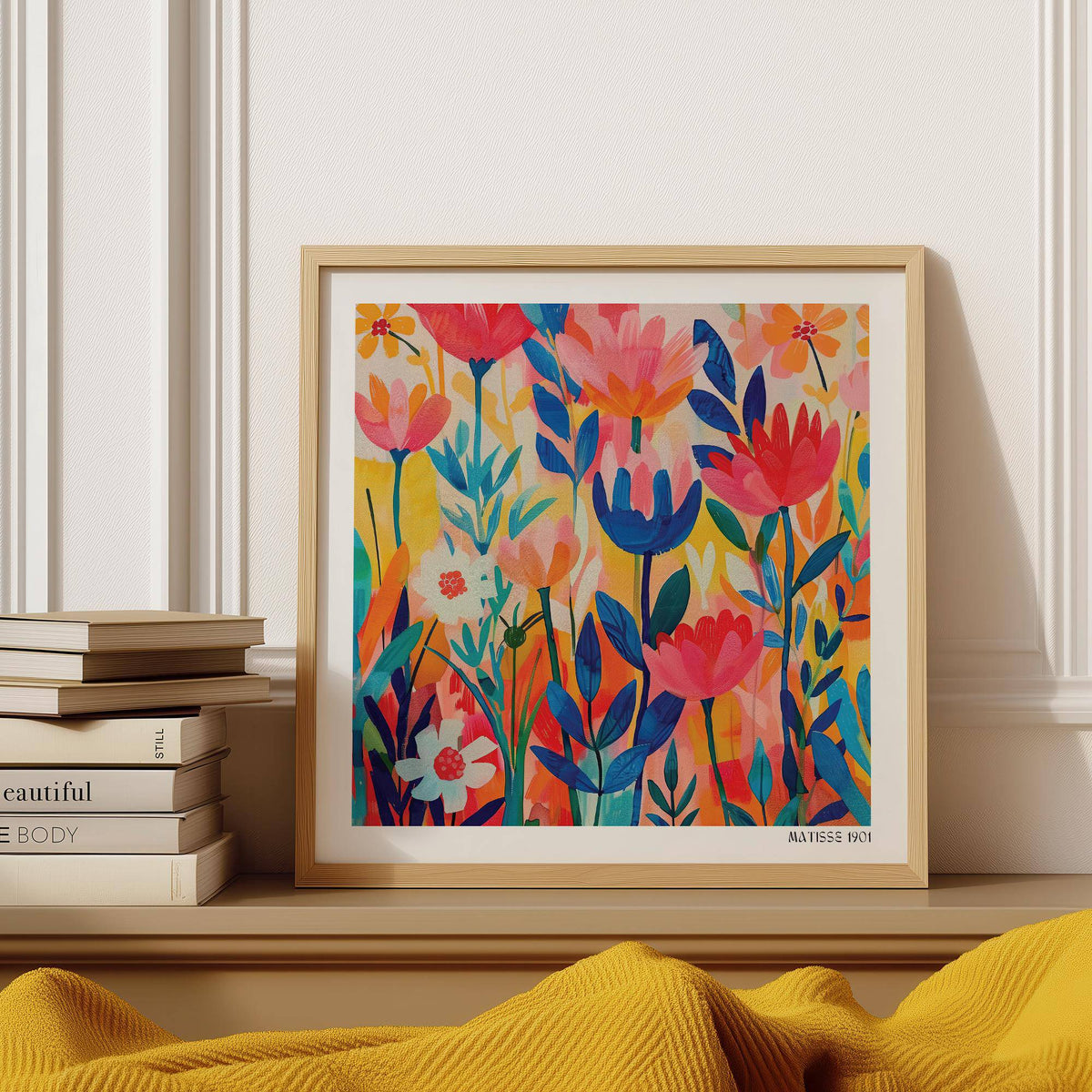 Framed Matisse Exhibition Poster print of colourful flowers with pink red and blue shades by a pile of books