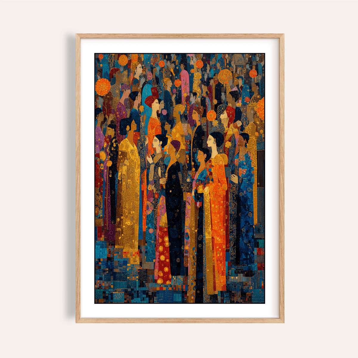 Framed print close-up of Indian Festival Art with colourful robes in abstract contemporary style