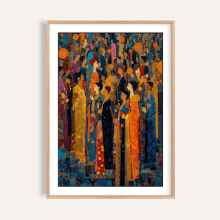 Framed print close-up of Indian Festival Art with colourful robes in abstract contemporary style