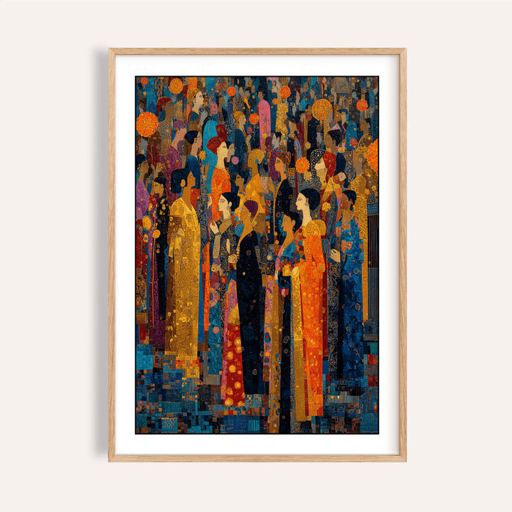 Framed print close-up of Indian Festival Art with colourful robes in abstract contemporary style