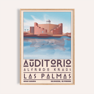 Framed print of Alfredo Kraus Auditorium illustration with blue sky and water reflection