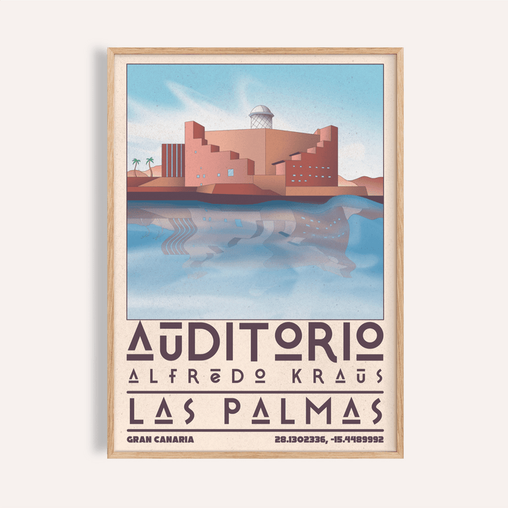 Framed print of Alfredo Kraus Auditorium illustration with blue sky and water reflection