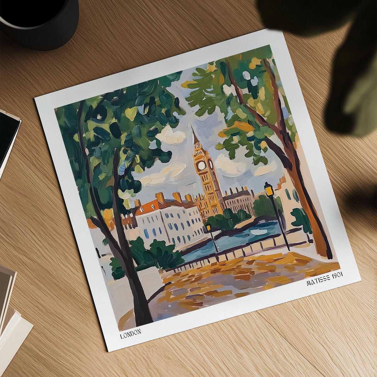 Matisse Prints for Sale illustration of Big Ben clock tower with green trees lying flat on wooden table