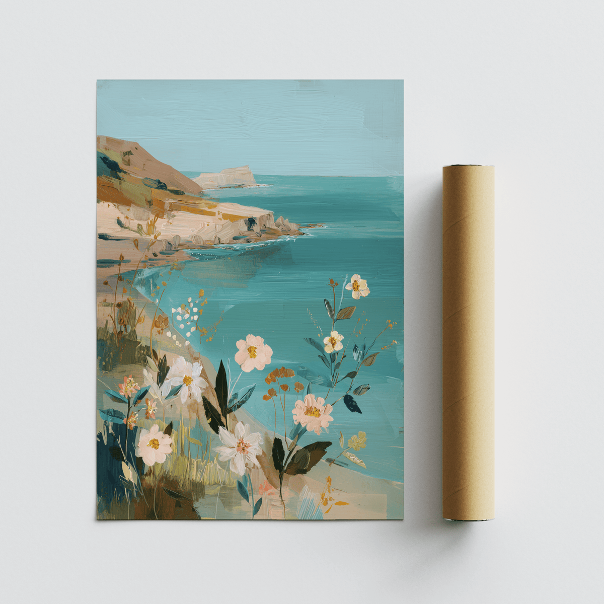 Floral Coast Print rolled print beside packaging tube showing coastal flowers in blue and beige tones