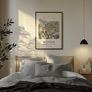Kotor Landscape Art Print framed on a wall above a bed with striped pillows and a black hanging lamp