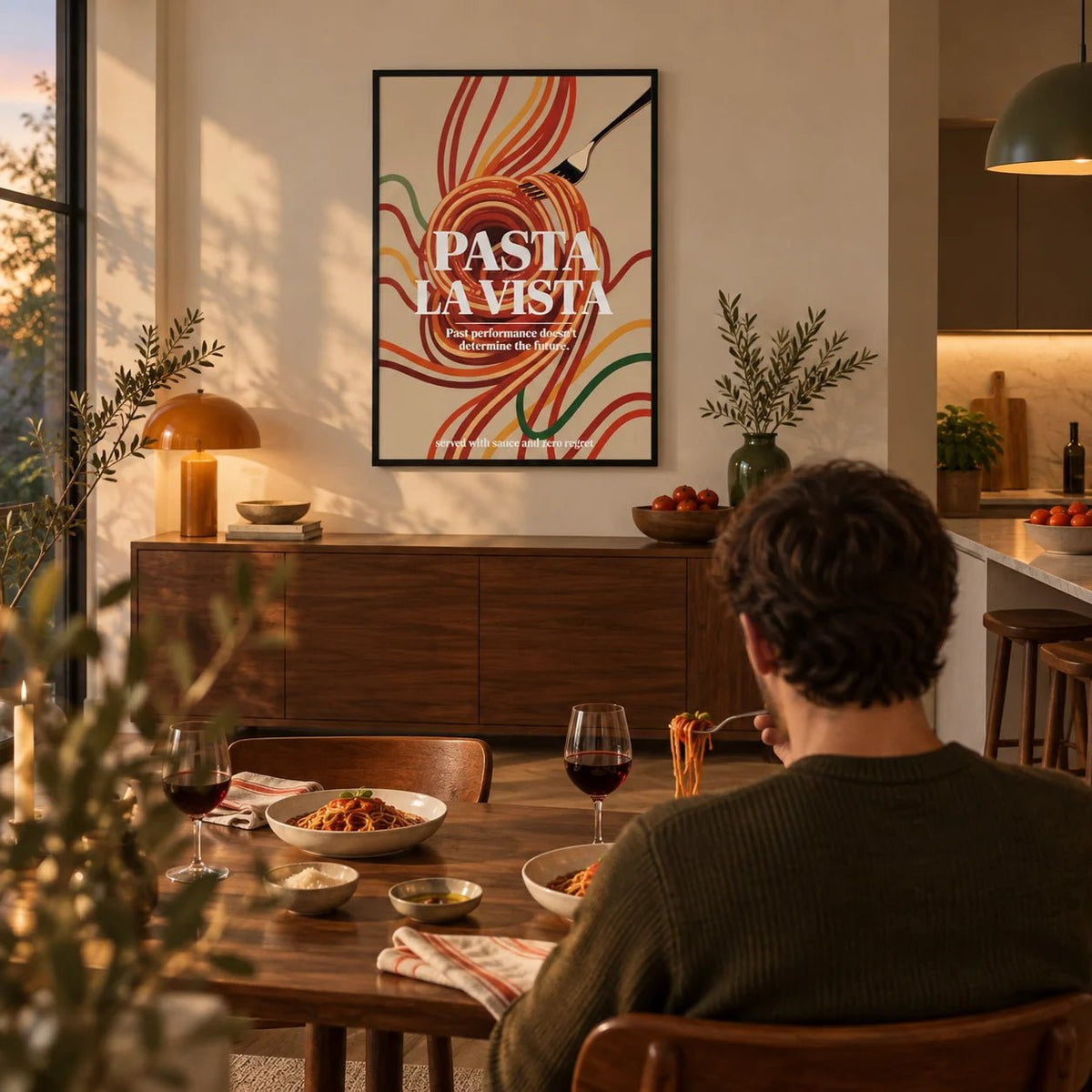 Dining Room Prints, framed on the wall of an open-plan living-kitchen with a cream wall