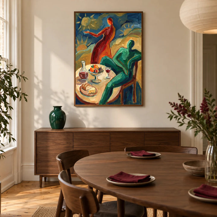 Dining Scene Wall Art, framed on the wall of a contemporary dining room in a UK Victorian terrace with warm cream plaster walls and wooden floorboards