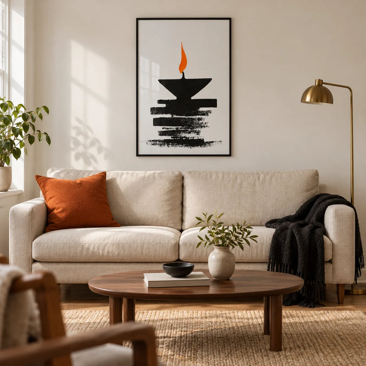 Diwali Diya Lamp Print, framed on the wall of a modern living room in a British terraced home with warm white walls and an oak floor