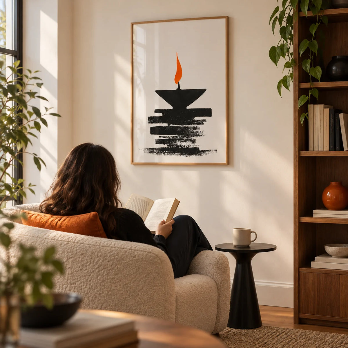 Diwali Diya Lamp Print, framed on the wall of a quiet reading corner in a design-led UK flat for an adult aged 25-40 in a living room