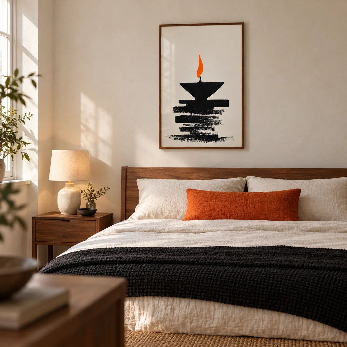 Diwali Diya Lamp Print, framed on the wall of a restful modern bedroom in a British home with a pale plaster wall
