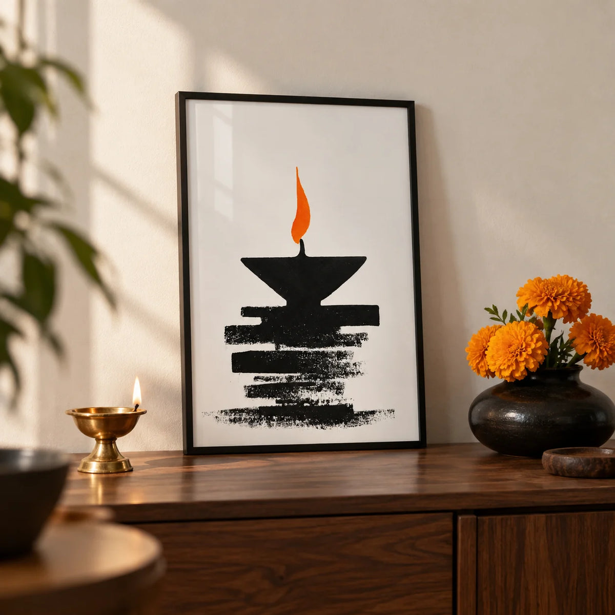 Diwali Diya Lamp Print, a small A4 framed print leaning on a walnut sideboard in a living room