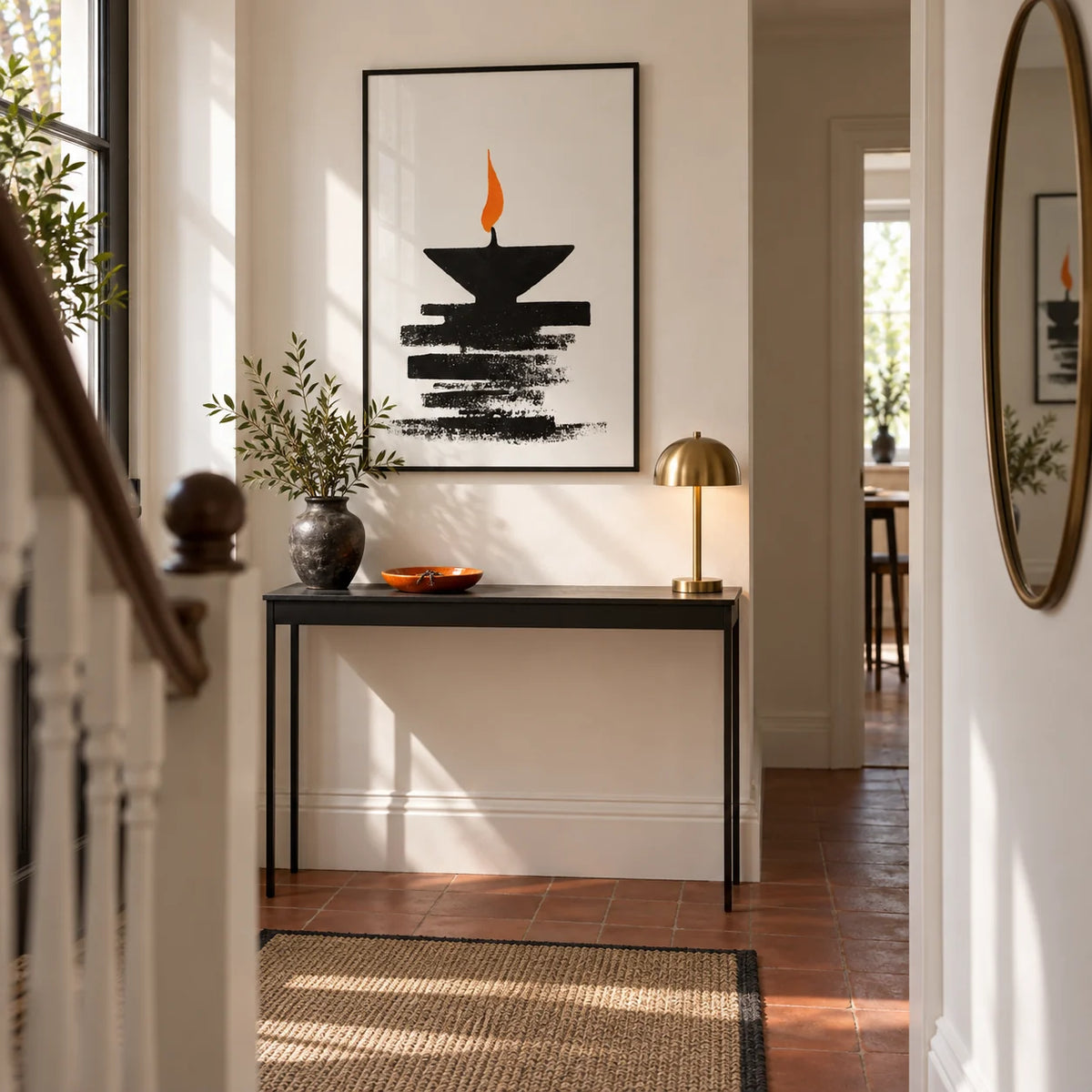 Diwali Diya Lamp Print, framed on the wall of a welcoming hallway in a renovated British semi with chalk-white walls and a terracotta floor
