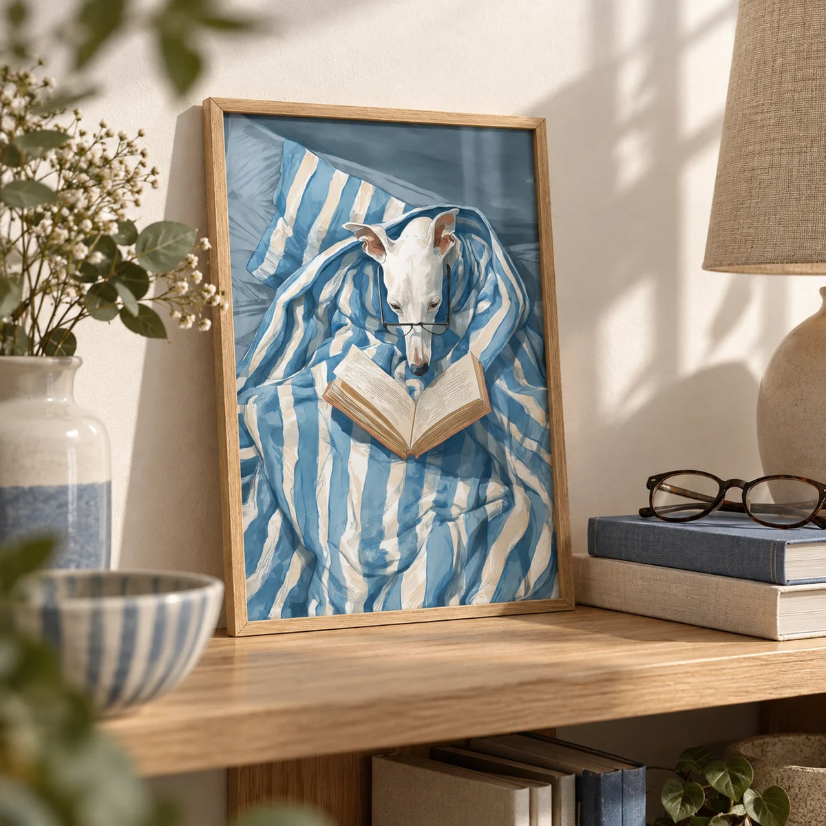 Dog Reading Print, a small A4 framed print leaning on an oak bookshelf in a living room