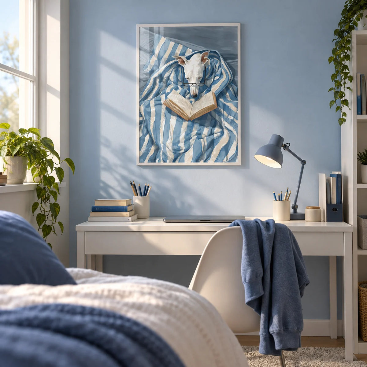 Dog Reading Print, framed on the wall of a tidy teenage bedroom (13-17) with a pale blue wall