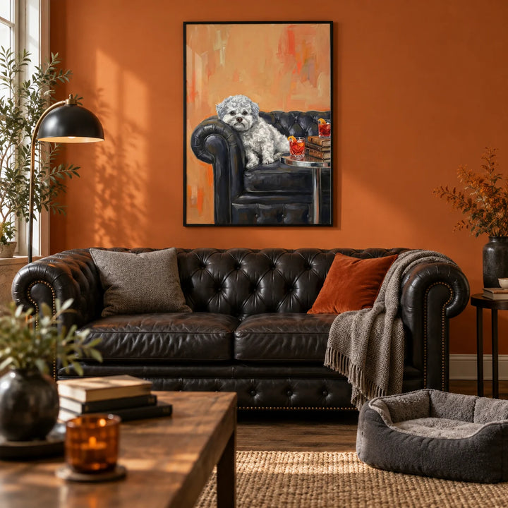 Dog with Human Face, framed on the wall of a stylish living room with a burnt orange painted wall