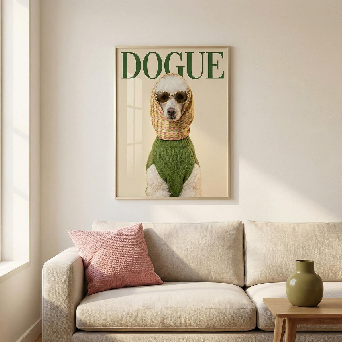 Fashion Poodle wall art of a white poodle in a green sweater above a sofa with a pink cushion