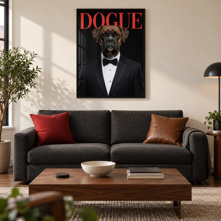 Dogue Poster, framed on the wall of a contemporary living room in a UK city flat with a warm white wall and walnut floor