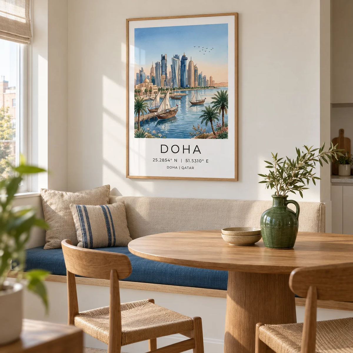 Doha City Art Print, framed on the wall of a bright dining nook in a UK apartment with a warm white wall and a built-in bench