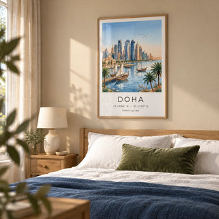 Doha City Art Print, framed on the wall of a calm main bedroom in a UK home with a sandy beige wall and natural oak furniture