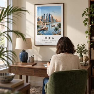 Doha City Art Print, framed on the wall of a quiet home study for a well-travelled adult in a UK flat with a pale cream wall