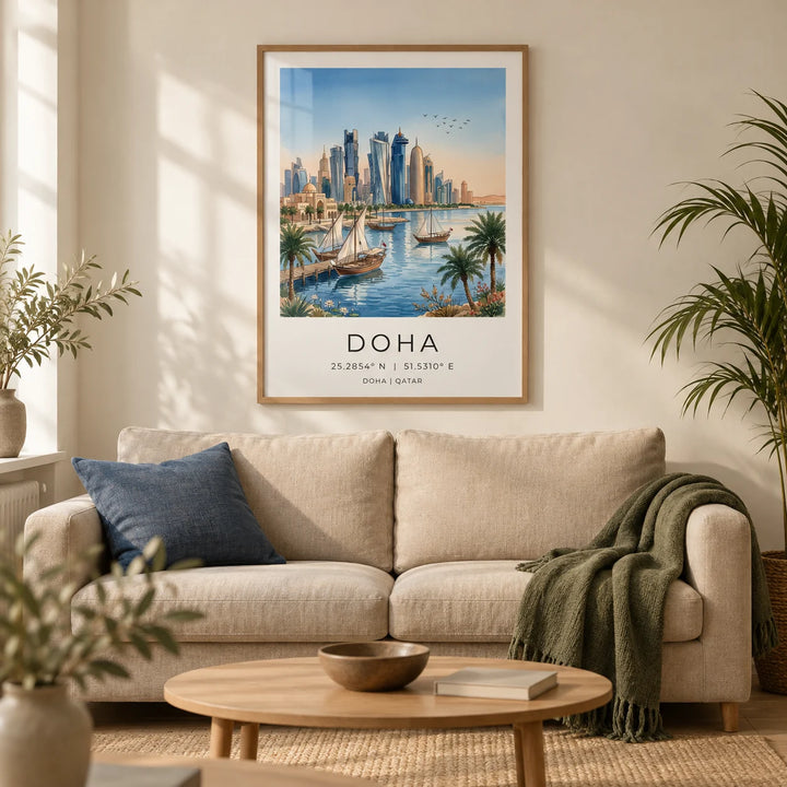 Doha City Art Print, framed on the wall of a relaxed living room in a UK city flat with warm ivory plaster walls and a pale oak floor