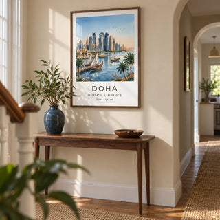 Doha City Art Print, framed on the wall of a welcoming hallway in a renovated UK terrace with a pale sandy wall and warm timber floorboards