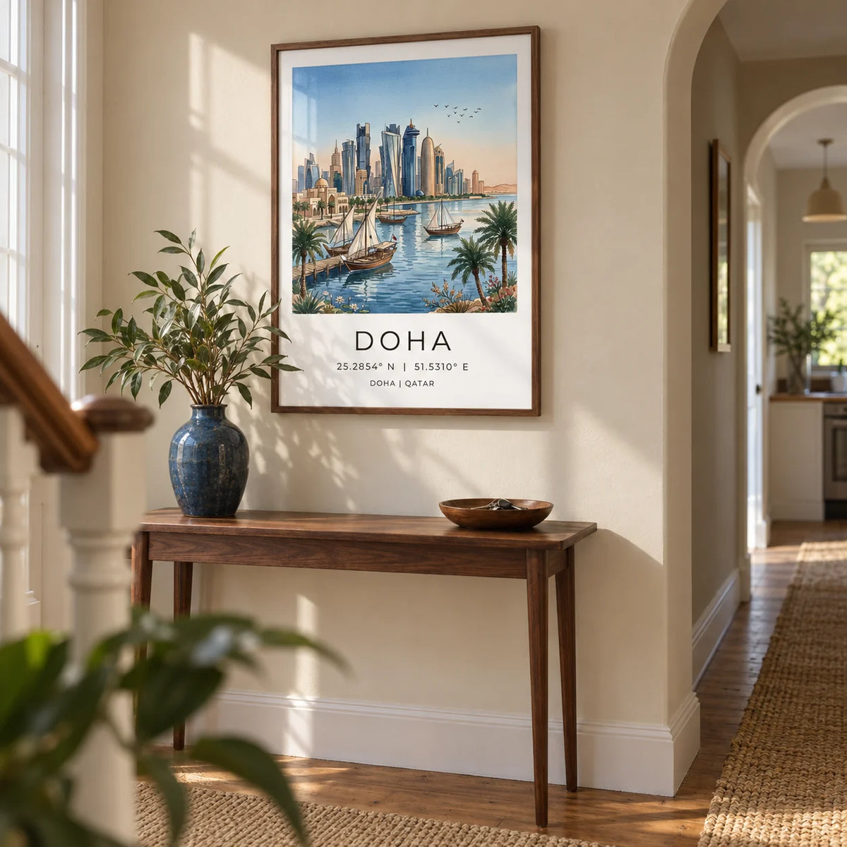 Doha City Art Print, framed on the wall of a welcoming hallway in a renovated UK terrace with a pale sandy wall and warm timber floorboards