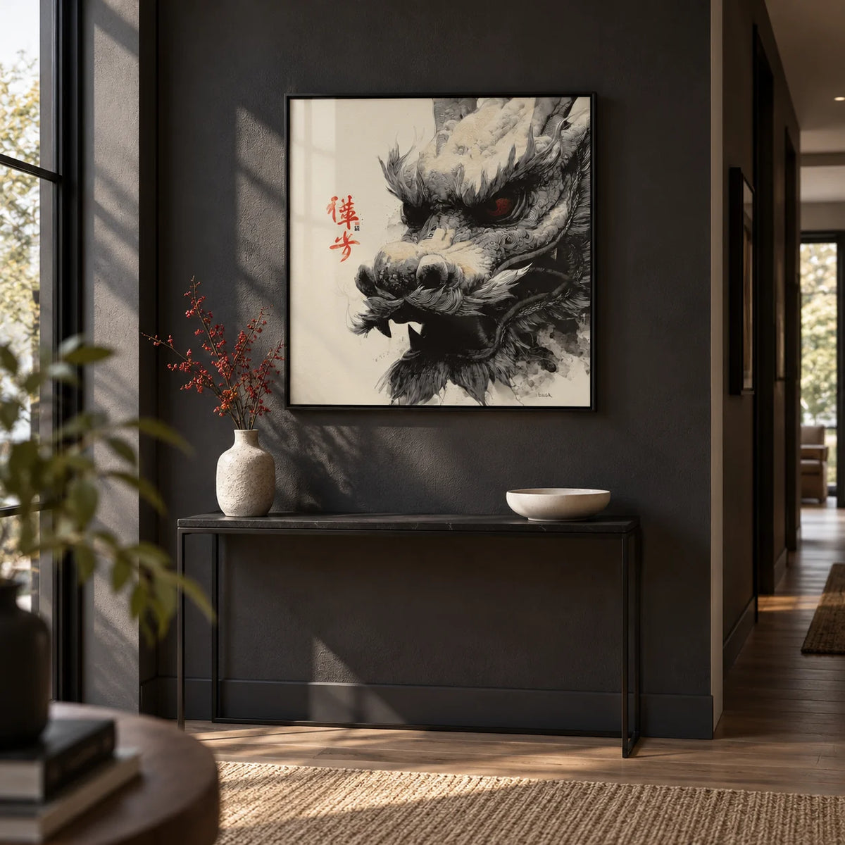 Dragon Head Print, framed on the wall of a modern hallway with a charcoal wall