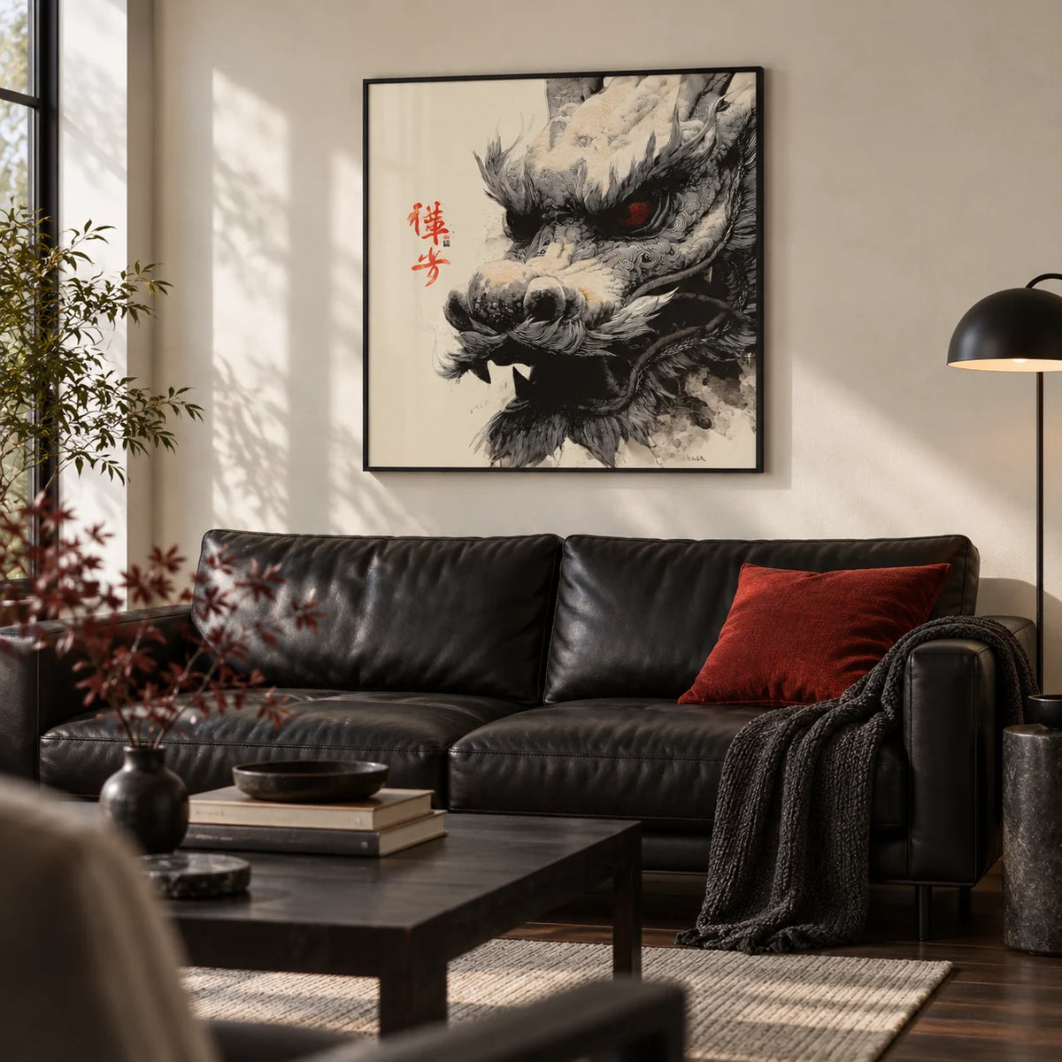 Dragon Head Print, framed on the wall of a modern living room with a cream wall and a dark wood floor