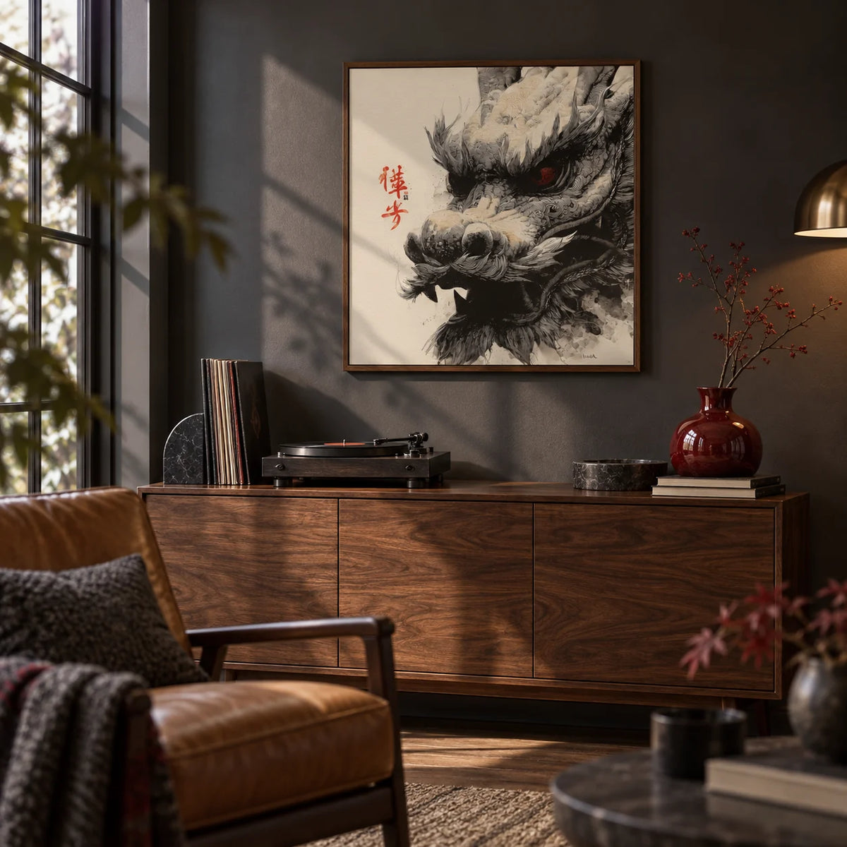 Dragon Head Print, framed on the wall of a moody den with a dark grey wall in a living room