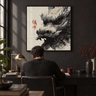 Dragon Head Print, framed on the wall of a moody study with a charcoal painted wall