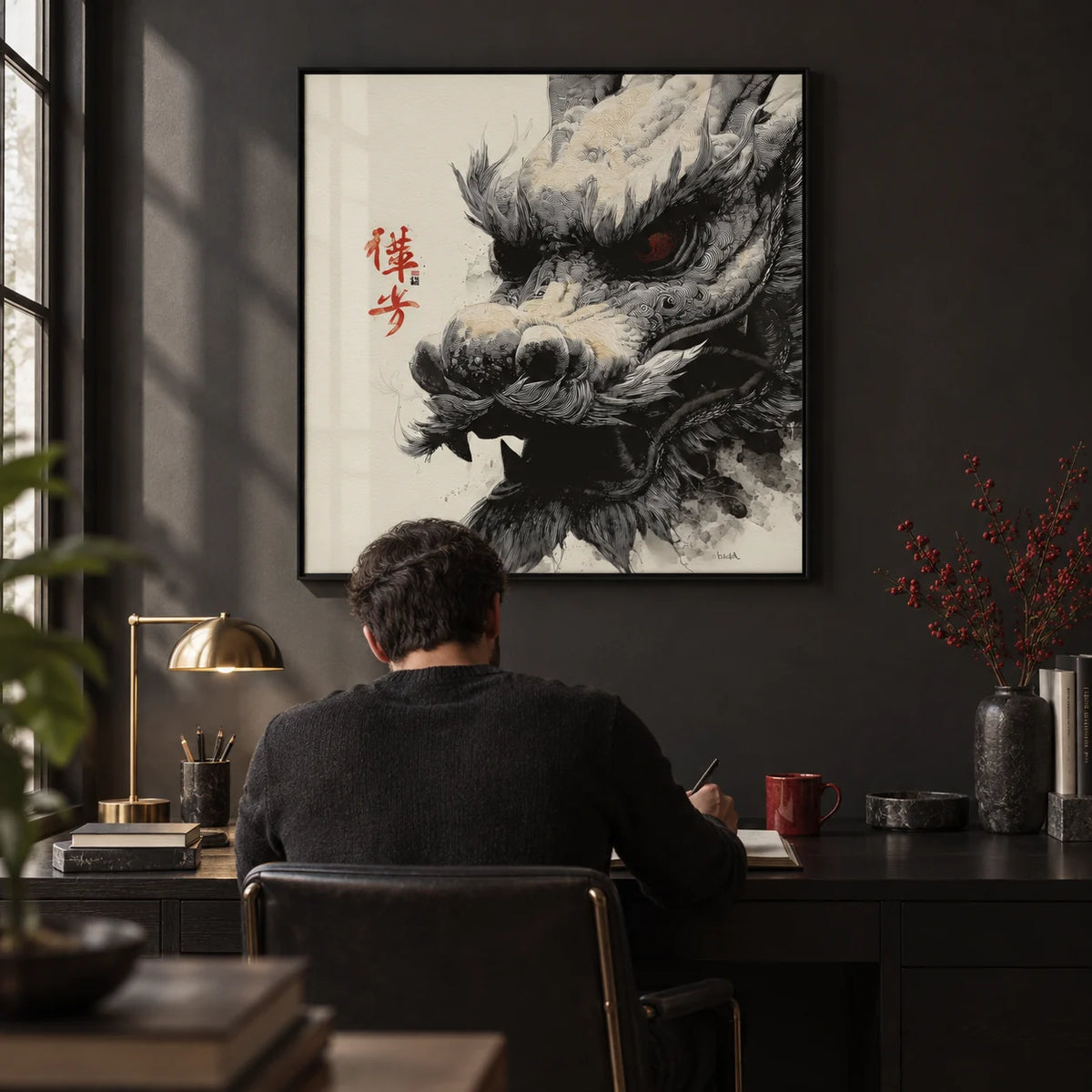 Dragon Head Print, framed on the wall of a moody study with a charcoal painted wall